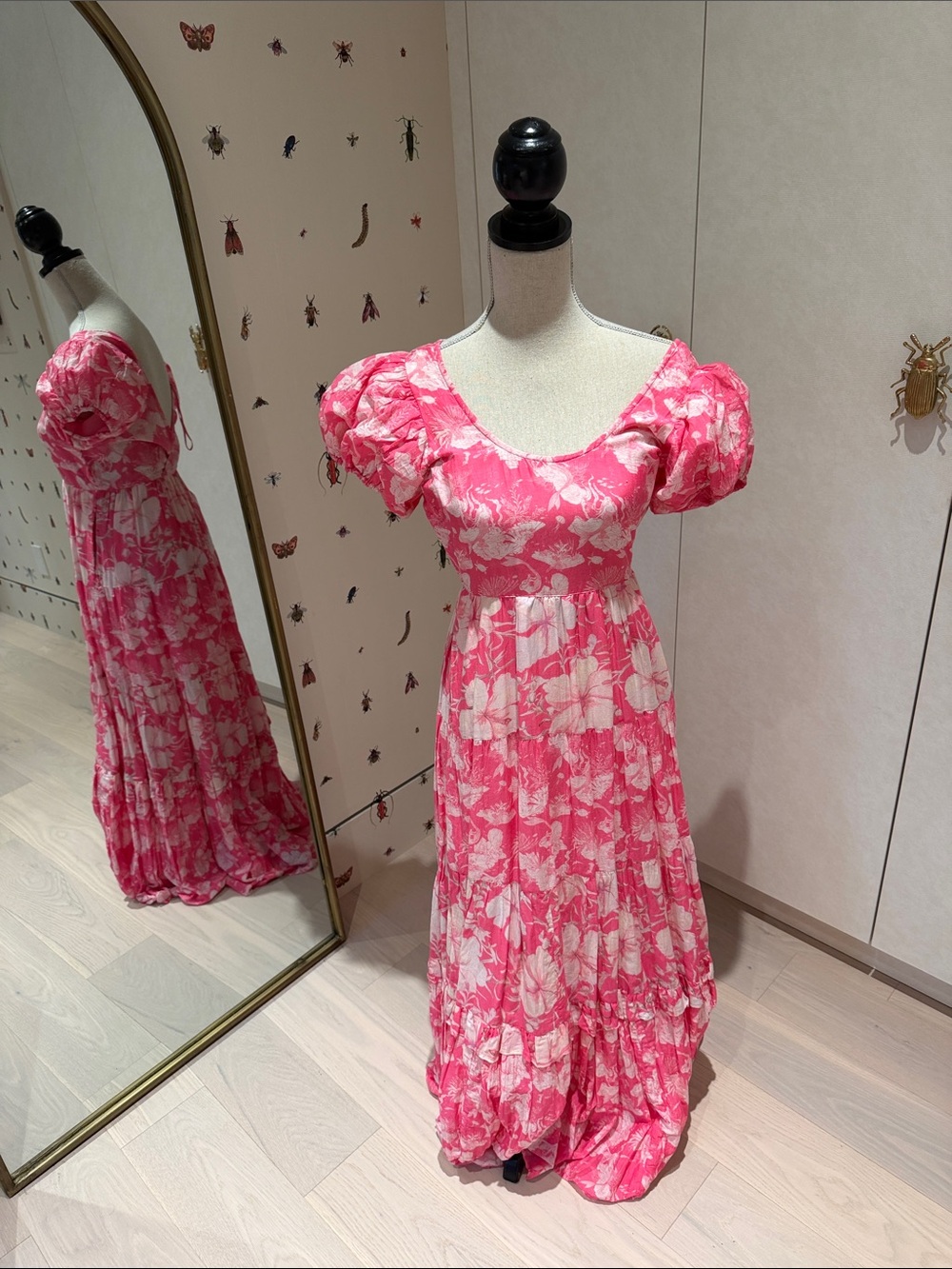 LoveShackFancy Hot Pink & White Floral Puff-Sleeve Maxi Dress